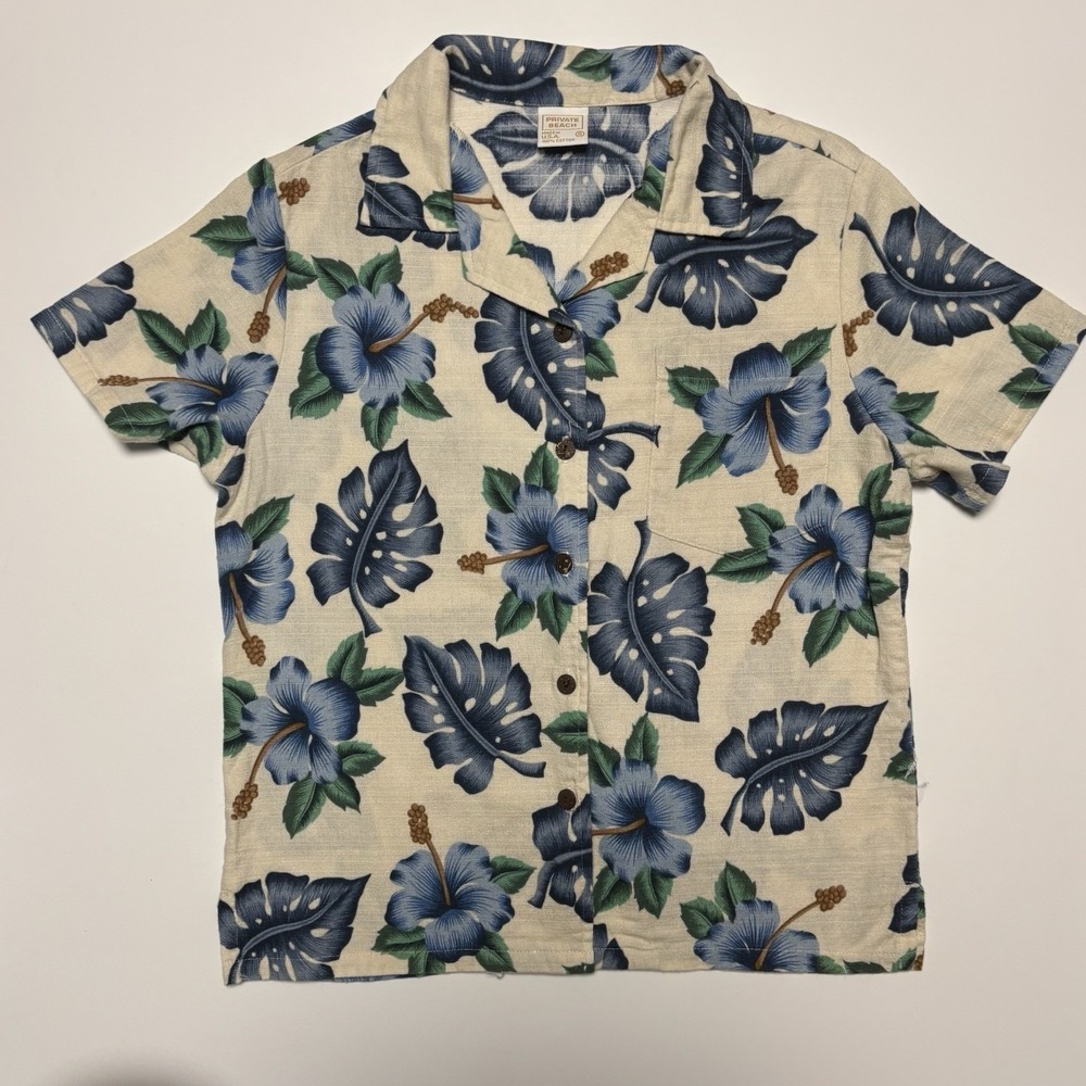 Private Beach Womens Small Hawaiian Shirt Blue Hibiscus Monstera 100% Cotton USA